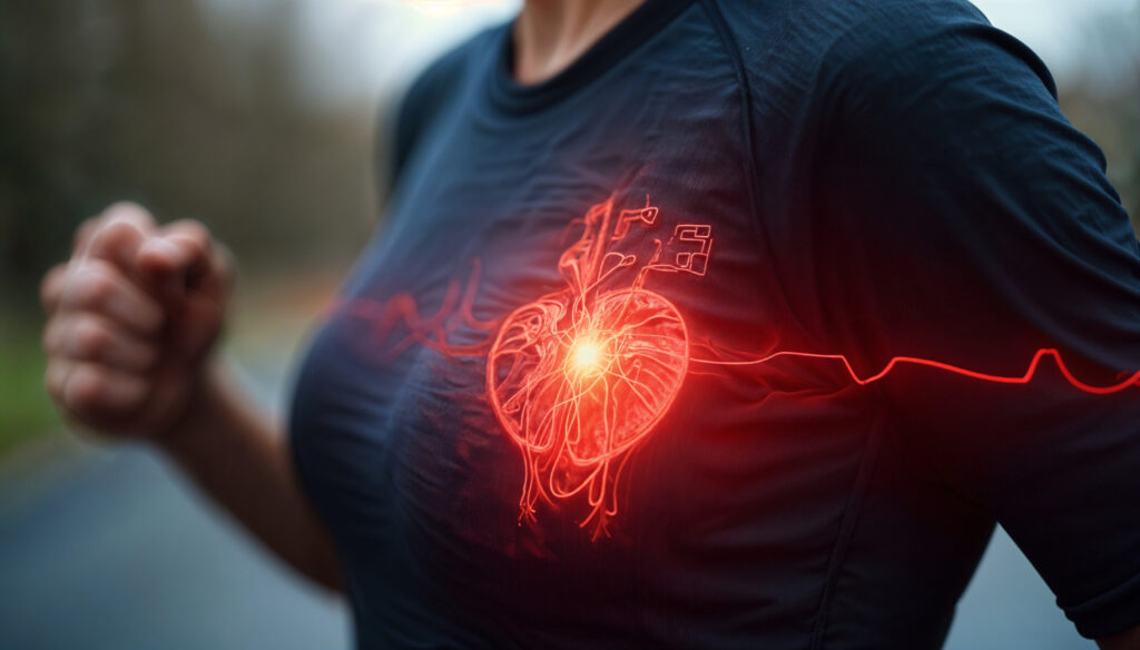 person running at risk of heart disease. Heart is shown red as an illustration in their body