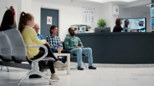 Patients waiting for care inside of a hospital waiting room for over 24 hours